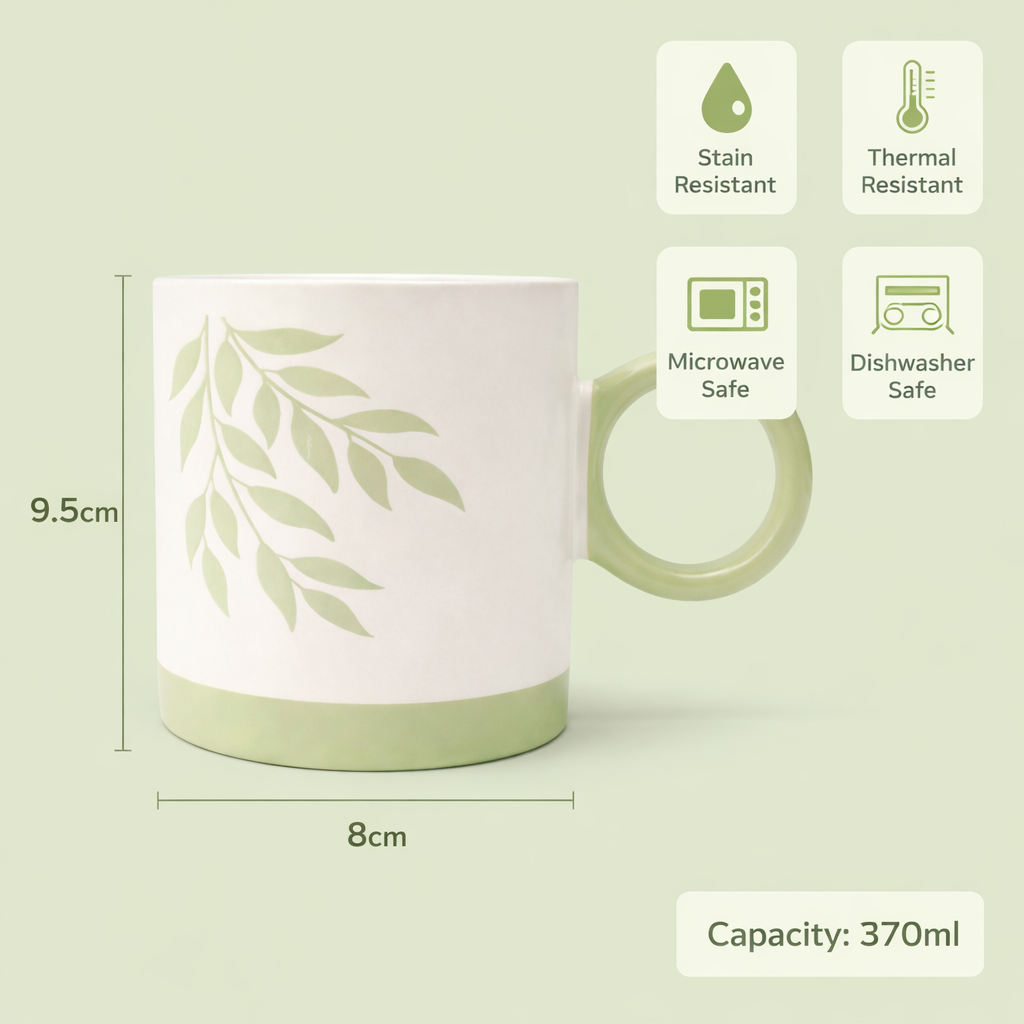 Cuire Green Fern Ceramic Coffee Mug | Mug for Him & Her | Perfect for Gifting | 370ml (Set of 1)