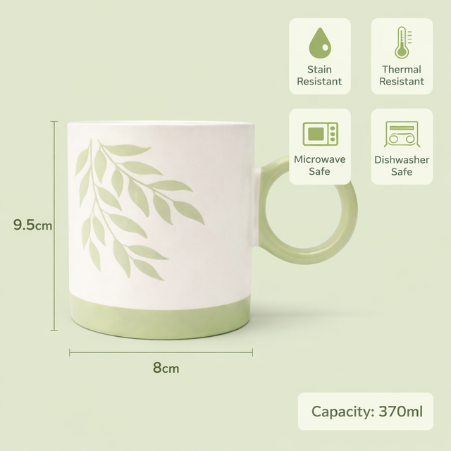 Cuire Green Fern Ceramic Coffee Mug | Mug for Him & Her | Perfect for Gifting | 370ml (Set of 1)