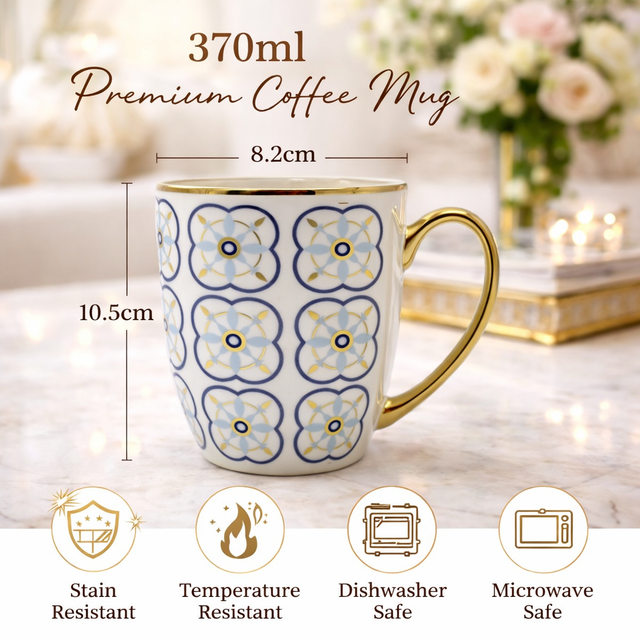 Cuire Blue and Golden Pattern Premium Coffee Mug | Mug for Him & Her | Perfect for Gifting | 370ml (Set of 1)