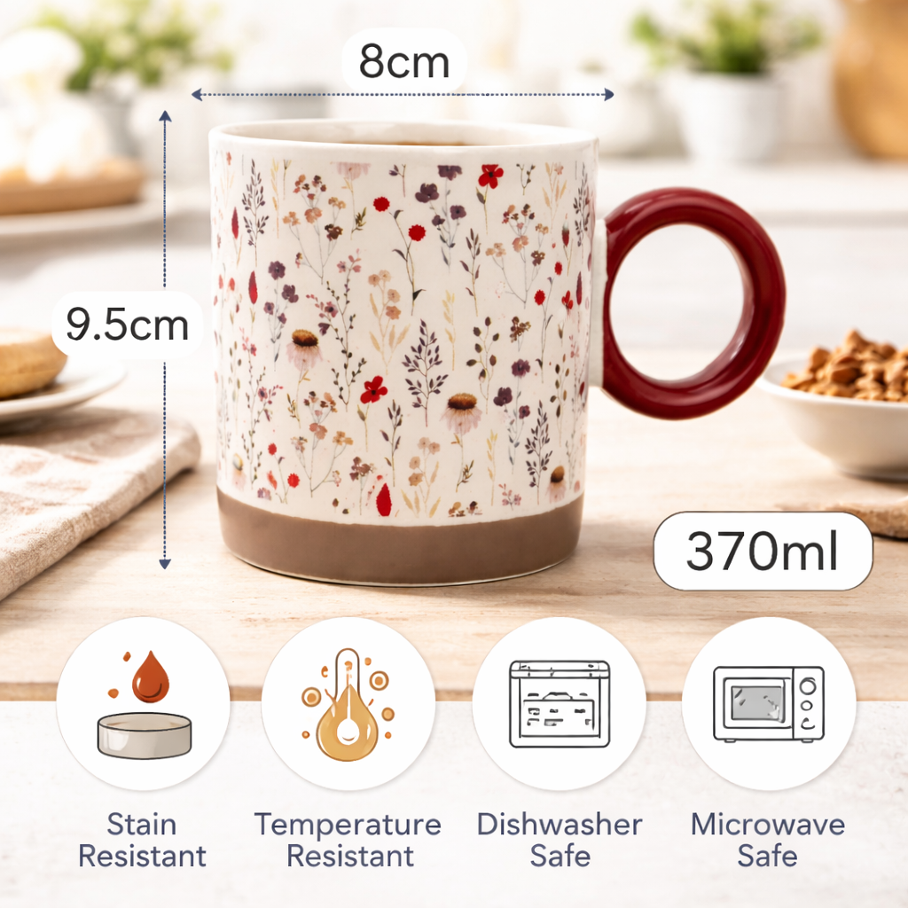 Cuire Red Wildflower Ceramic Coffee Mug | Mug for Him & Her | Perfect for Gifting | 370ml (Set of 1)