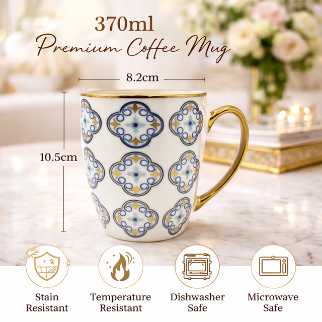 Cuire Blue and Golden Pattern Premium Coffee Mug | Mug for Him & Her | Perfect for Gifting | 370ml (Set of 1)
