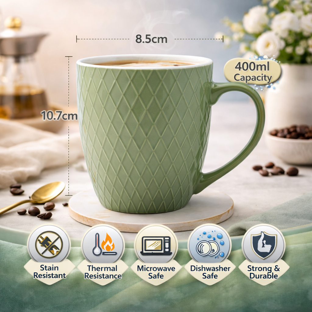 Cuire Diamond Pattern Sage Green Ceramic Coffee Mug | Mug for Him & Her | Perfect for Gifting | 400ml (Set of 1)