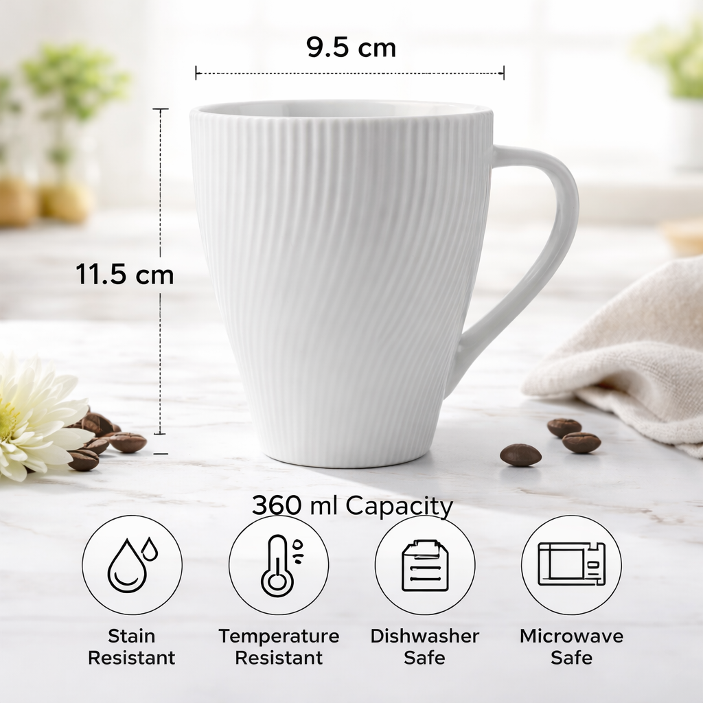 Cuire White Ribbed Ceramic Coffee Mug | Mug for Him & Her | Perfect for Gifting | 360ml (Set of 1)