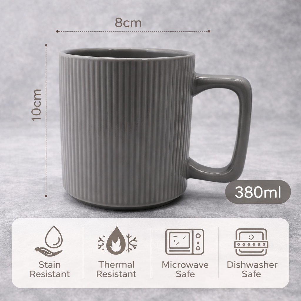 Cuire Ribbed Grey Ceramic Coffee Mug | Mug for Him & Her | Perfect for Gifting | 380ml (Set of 1)