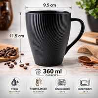 Cuire Black Ribbed Ceramic Coffee Mug | Mug for Him & Her | Perfect for Gifting | 360ml (Set of 1)