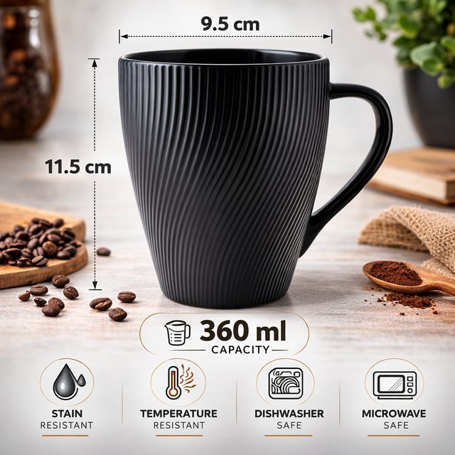 Cuire Black Ribbed Ceramic Coffee Mug | Mug for Him & Her | Perfect for Gifting | 360ml (Set of 1)