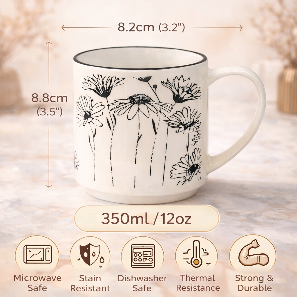 Cuire Floral Black & White Ceramic Coffee Mug | Mug for Him & Her | Perfect for Gifting | 350ml (Set of 1)