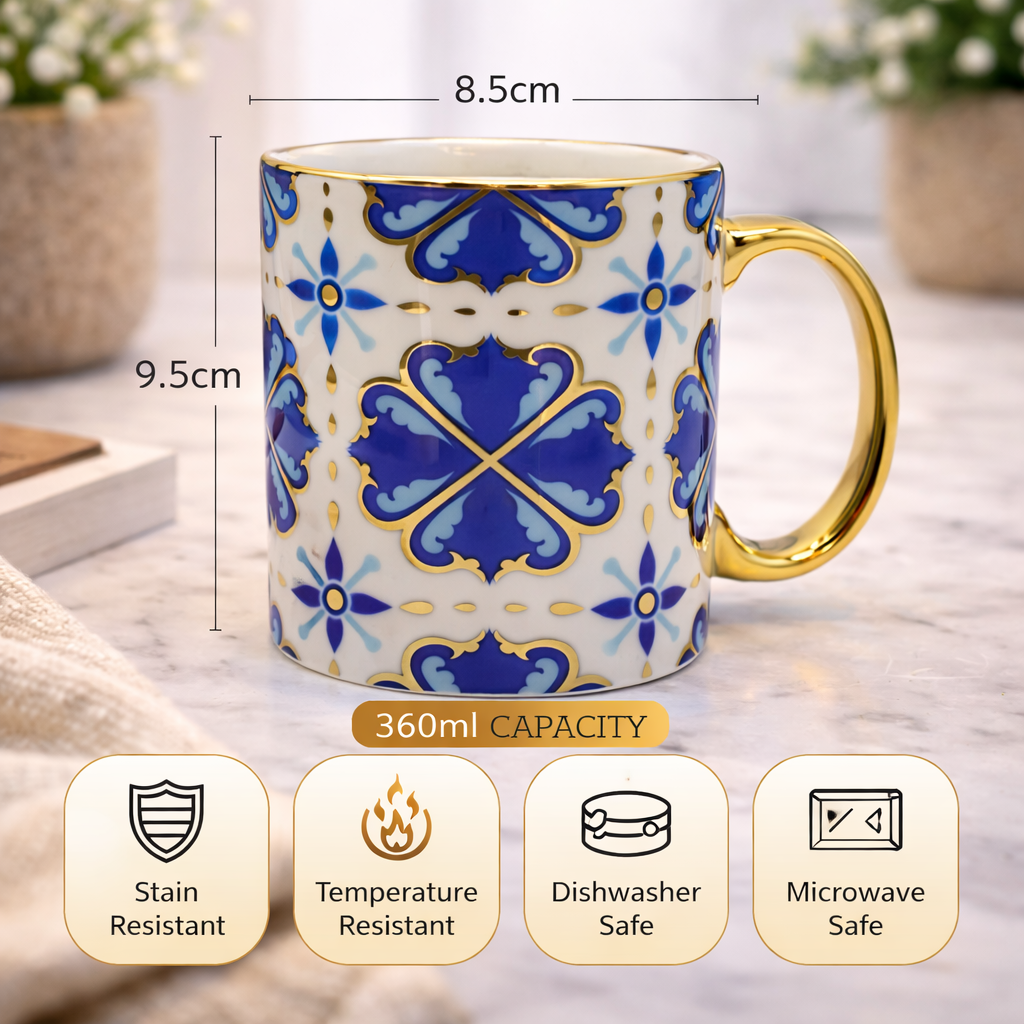Cuire Golden Blue Floral Ceramic Coffee Mug | Mug for Him & Her | Perfect for Gifting | 360ml (Set of 1)