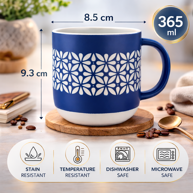 Cuire Blue Floral Ceramic Coffee Mug | Mug for Him & Her | Perfect for Gifting | 365ml (Set of 1)