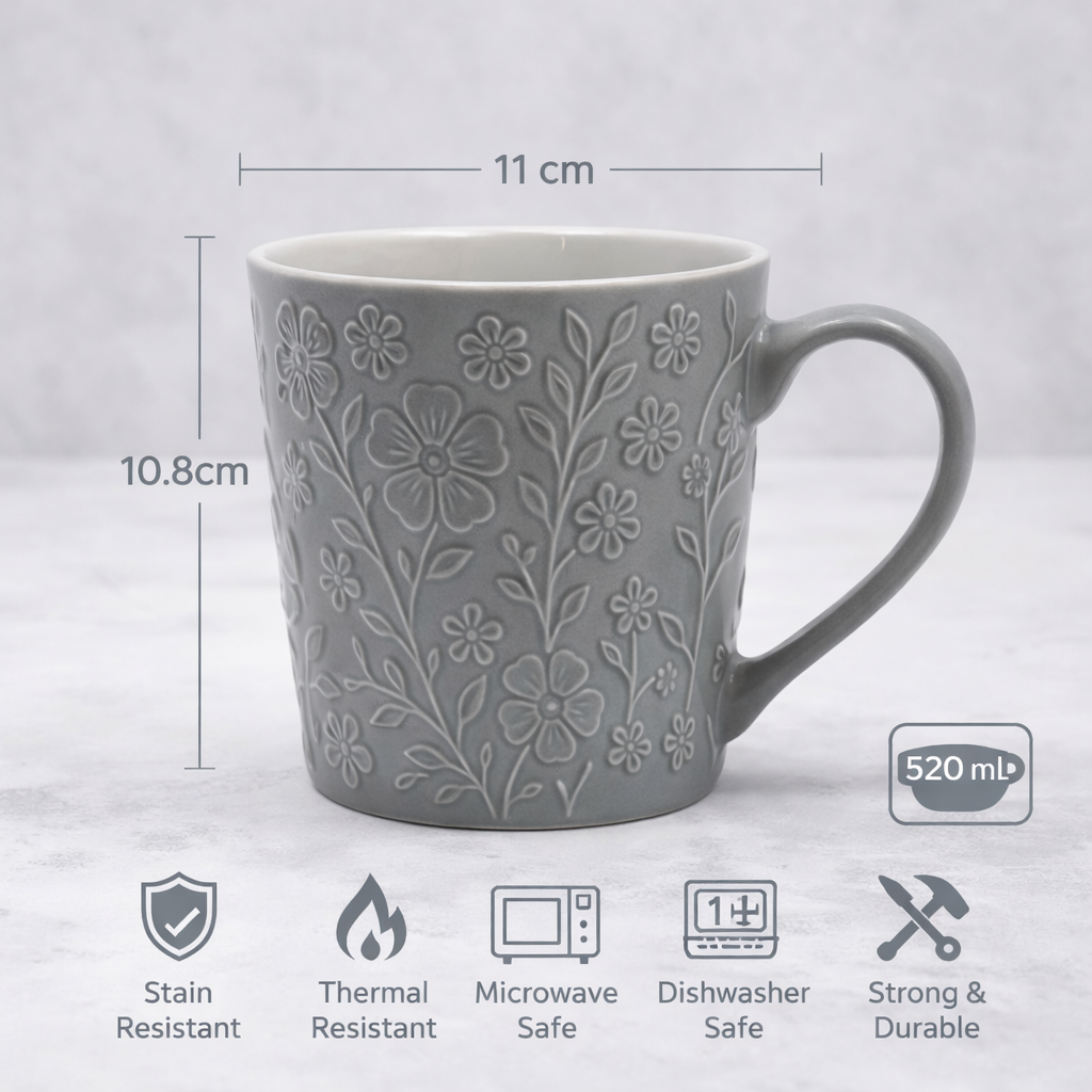 Cuire Floral Embossed Grey Ceramic Coffee Mug | Mug for Him & Her | Perfect for Gifting | 520ml (Set of 1)