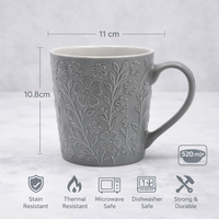 Cuire Floral Embossed Grey Ceramic Coffee Mug | Mug for Him & Her | Perfect for Gifting | 520ml (Set of 1)
