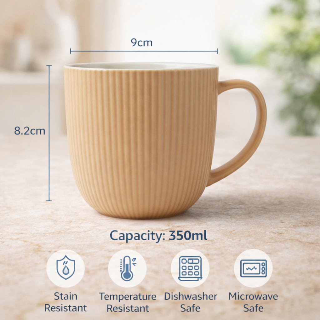 Cuire Solid Colour Ribbed Ceramic Coffee Mug | Mug for Him & Her | Perfect for Gifting | 350ml (Set of 1)