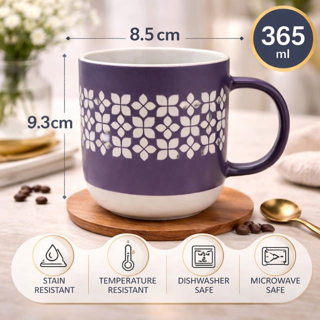 Cuire Purple Floral Ceramic Coffee Mug | Mug for Him & Her | Perfect for Gifting | 365ml (Set of 1)