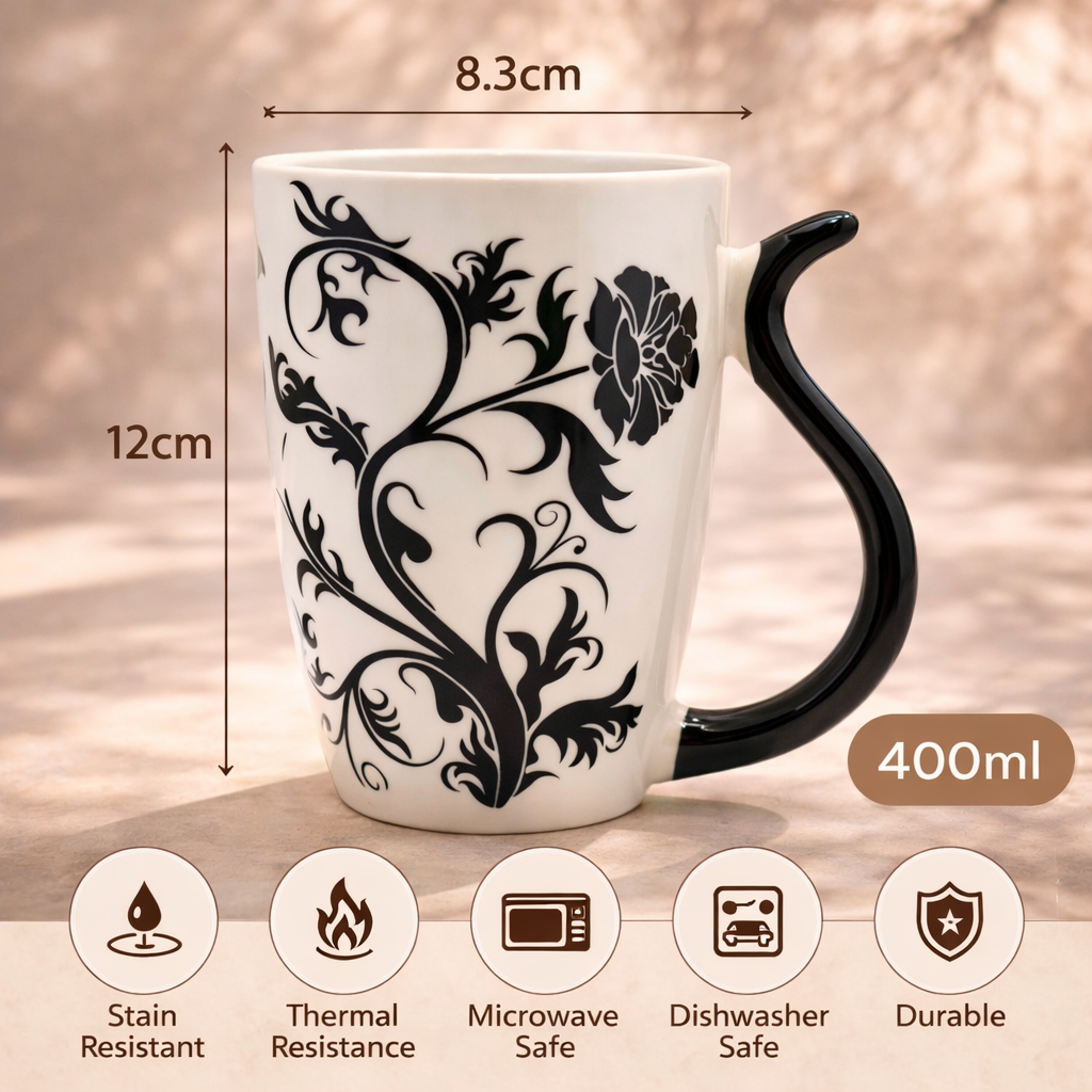 Cuire Floral White with Black Butterfly Ceramic Coffee Mug | Mug for Him & Her | Perfect for Gifting | 400ml (Set of 1)