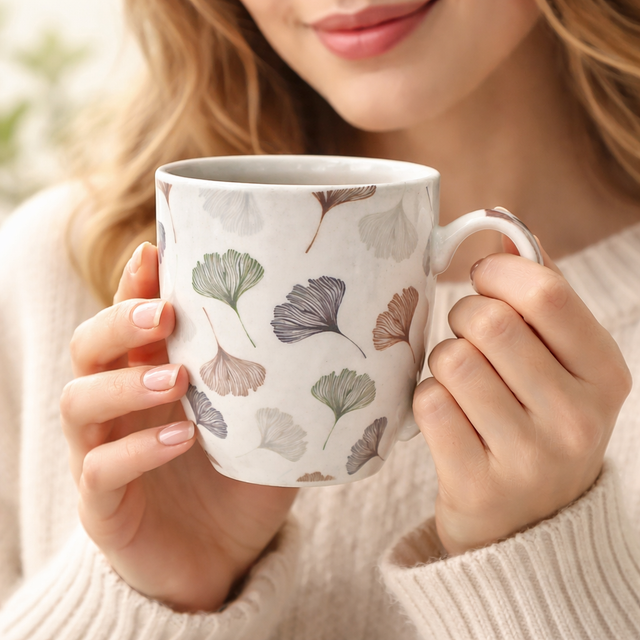 Cuire Floral Gingko Leaf Ceramic Coffee Mug | Mug for Him & Her | Perfect for Gifting | 370ml (Set of 1)